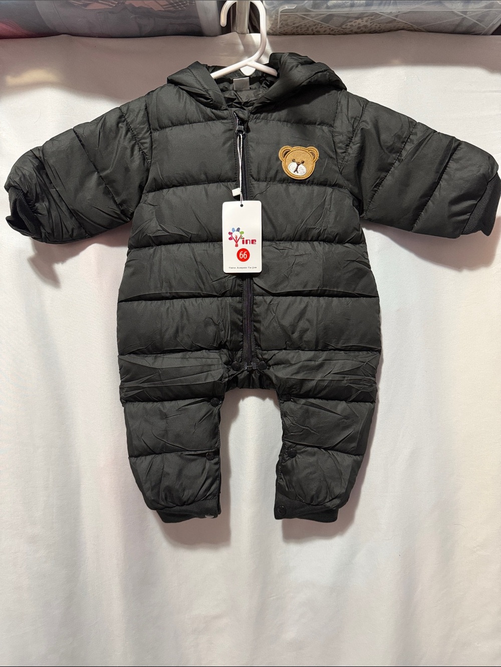 Infant Black Puffer Footed One-Piece with Bear Patch